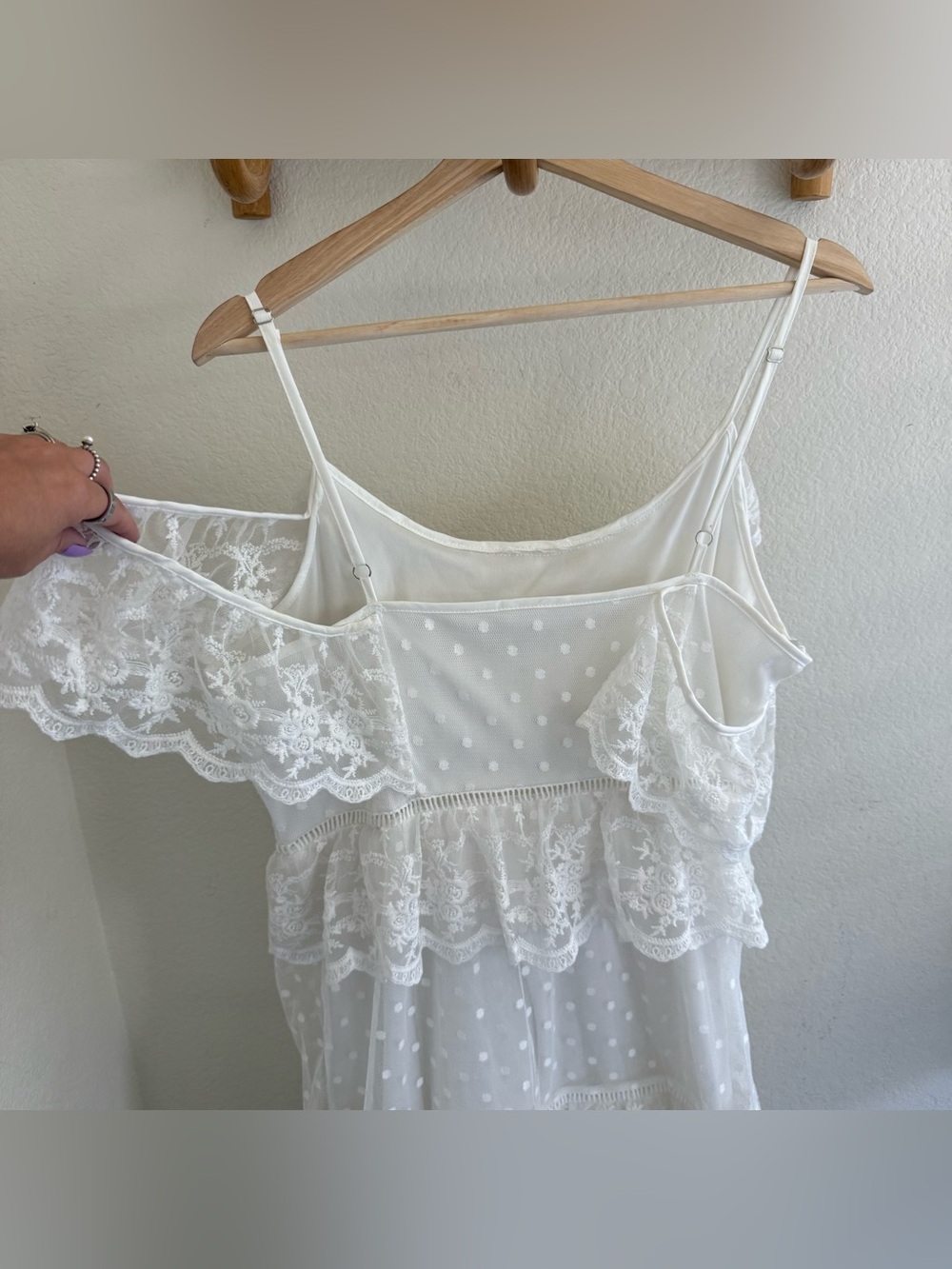 Boho White lace maxi cold shoulder tiered dress ruffles polka dots cottagecore - Picture 5 of 8